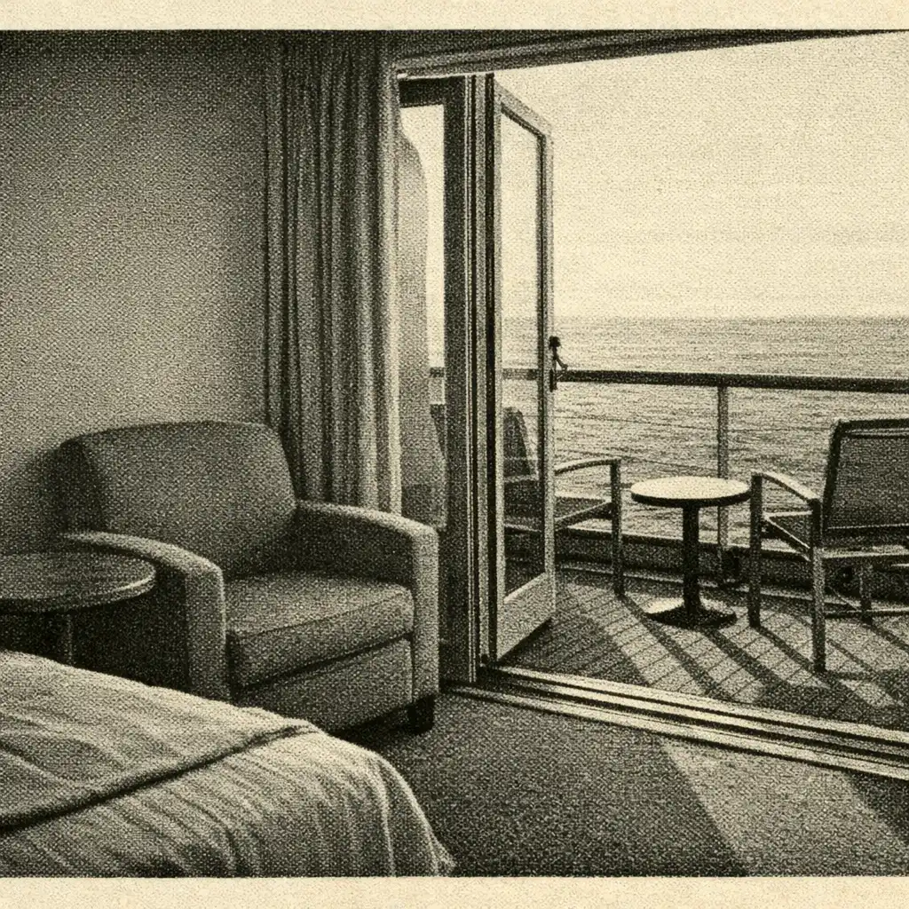 Cruise balcony cabin with an armchair, bed edge and open glass door to a modest balcony.