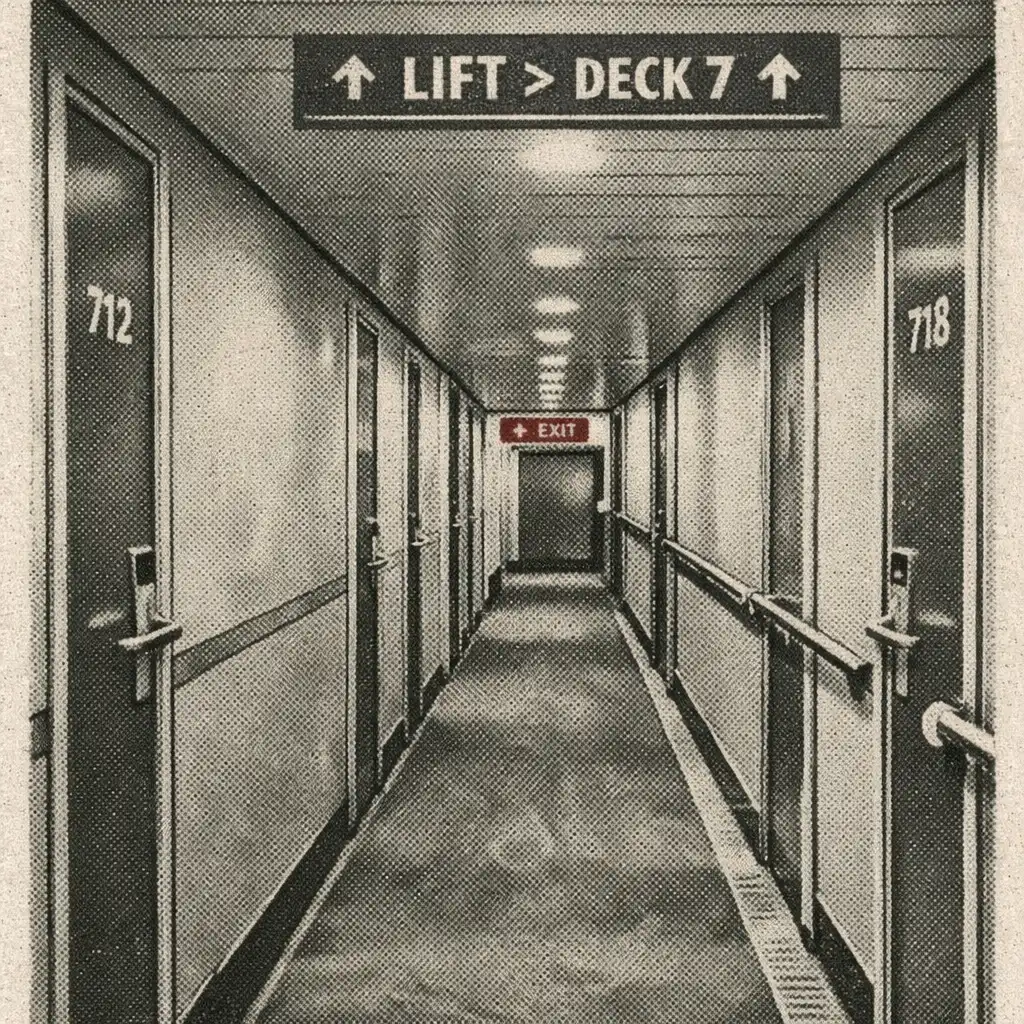 Quiet shipboard accommodation corridor with cabin doors and directional signage.