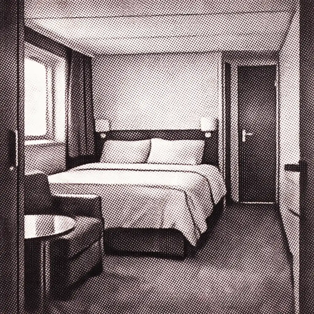 A practical cruise cabin viewed from the doorway, showing bed, compact seating, storage edge and the route toward the bathroom.