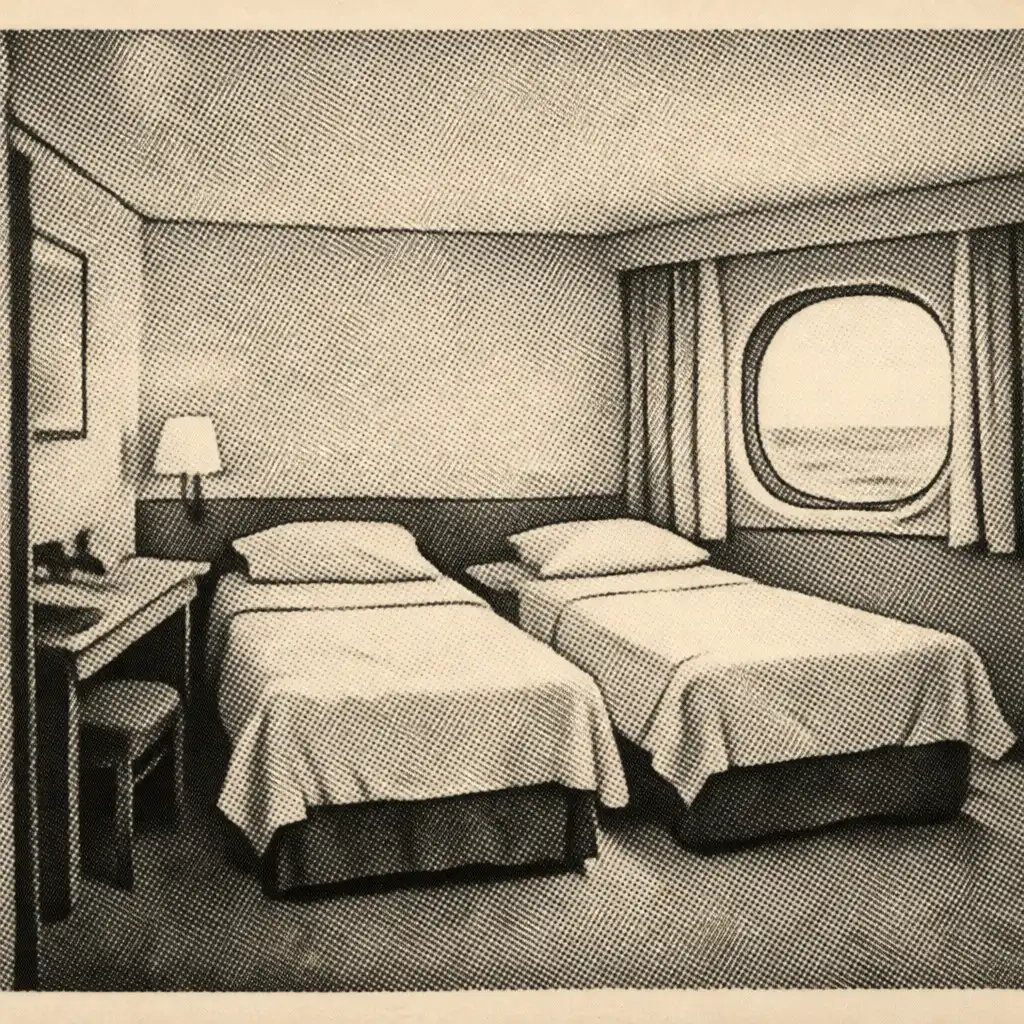 Cruise stateroom showing twin-or-convertible beds, a desk, wardrobe edge, window and clear walking route.