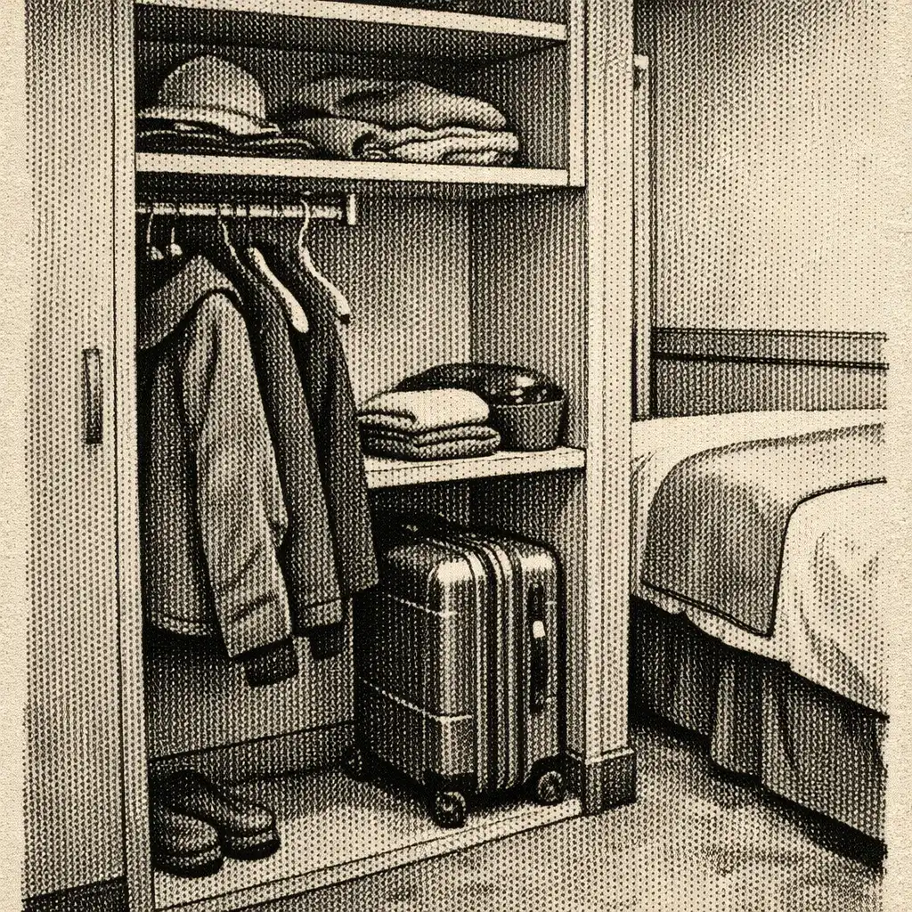 Cruise cabin storage with wardrobe shelves, suitcase, outerwear and a clear walkway.
