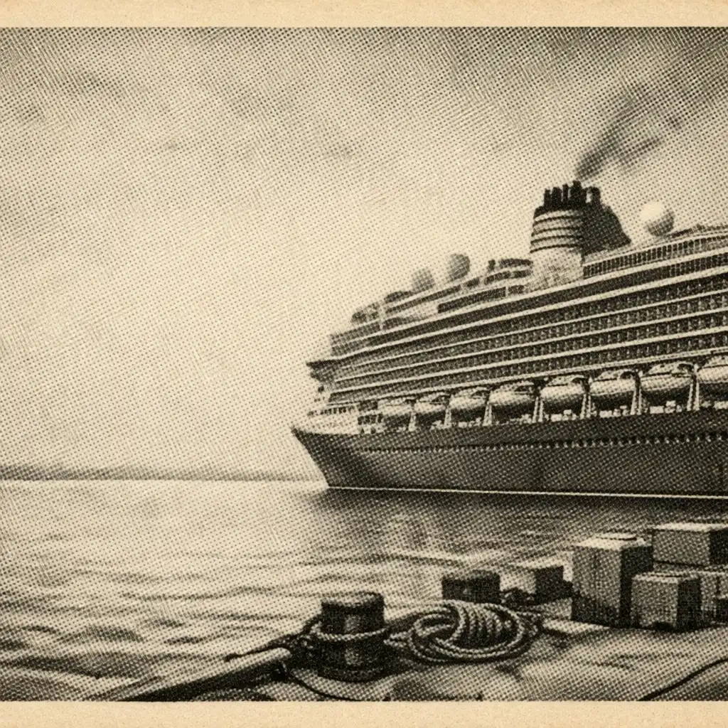 A large cruise liner alongside a working harbour quay, with stacked decks, lifeboats and funnel visible.