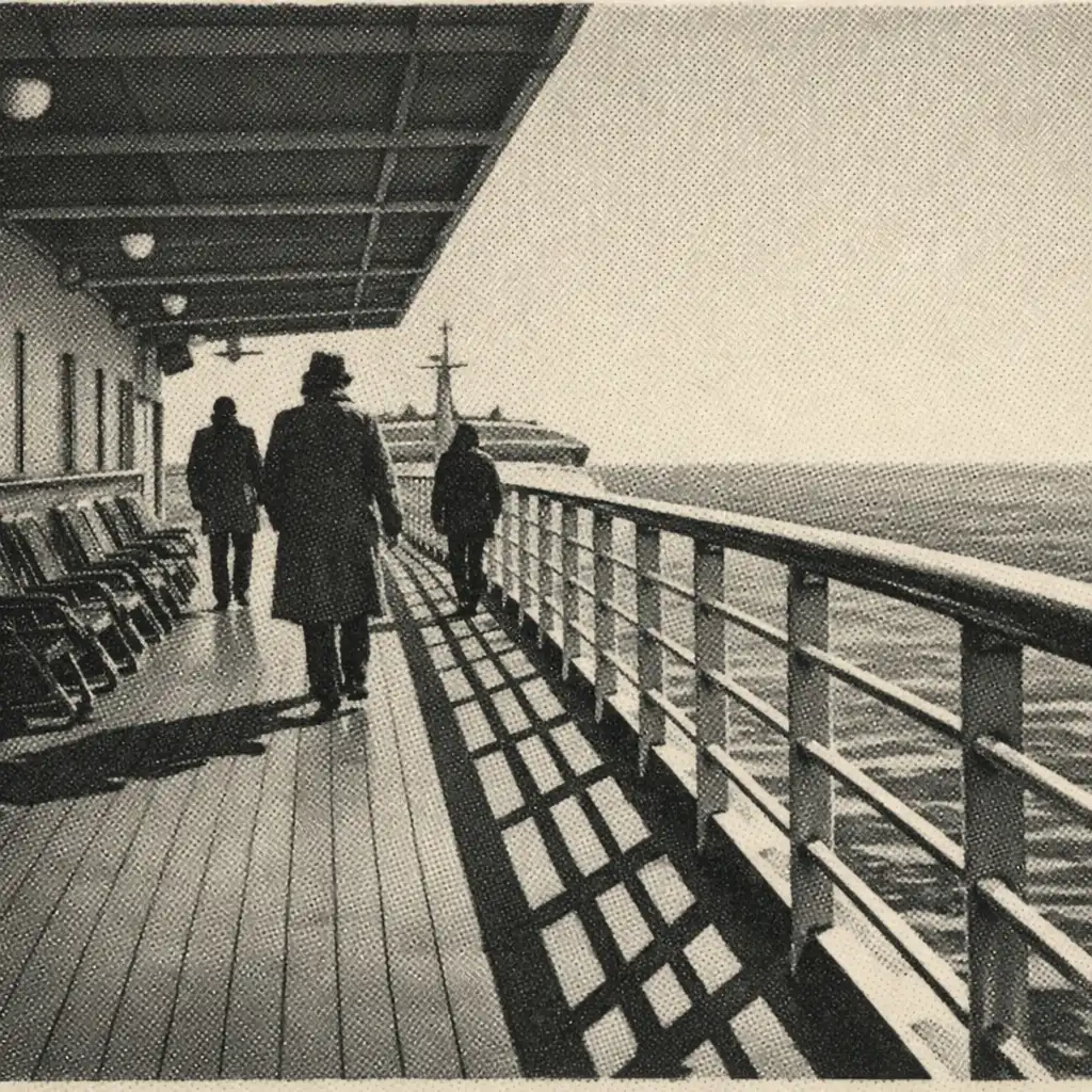 Travellers walking quietly along a cruise ship promenade deck beside railings and open water.