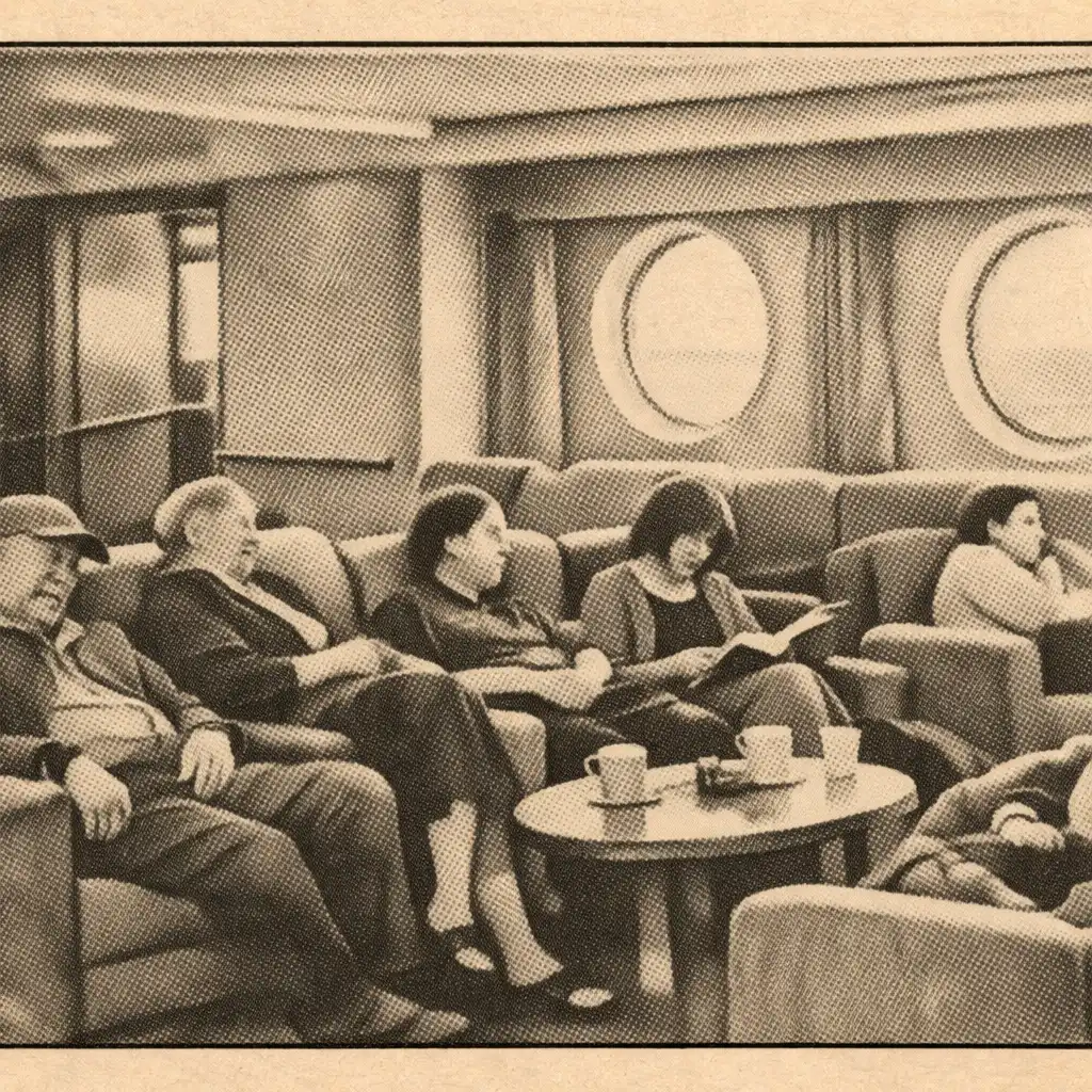 A mixed-age group resting together in a practical cruise ship public seating area.