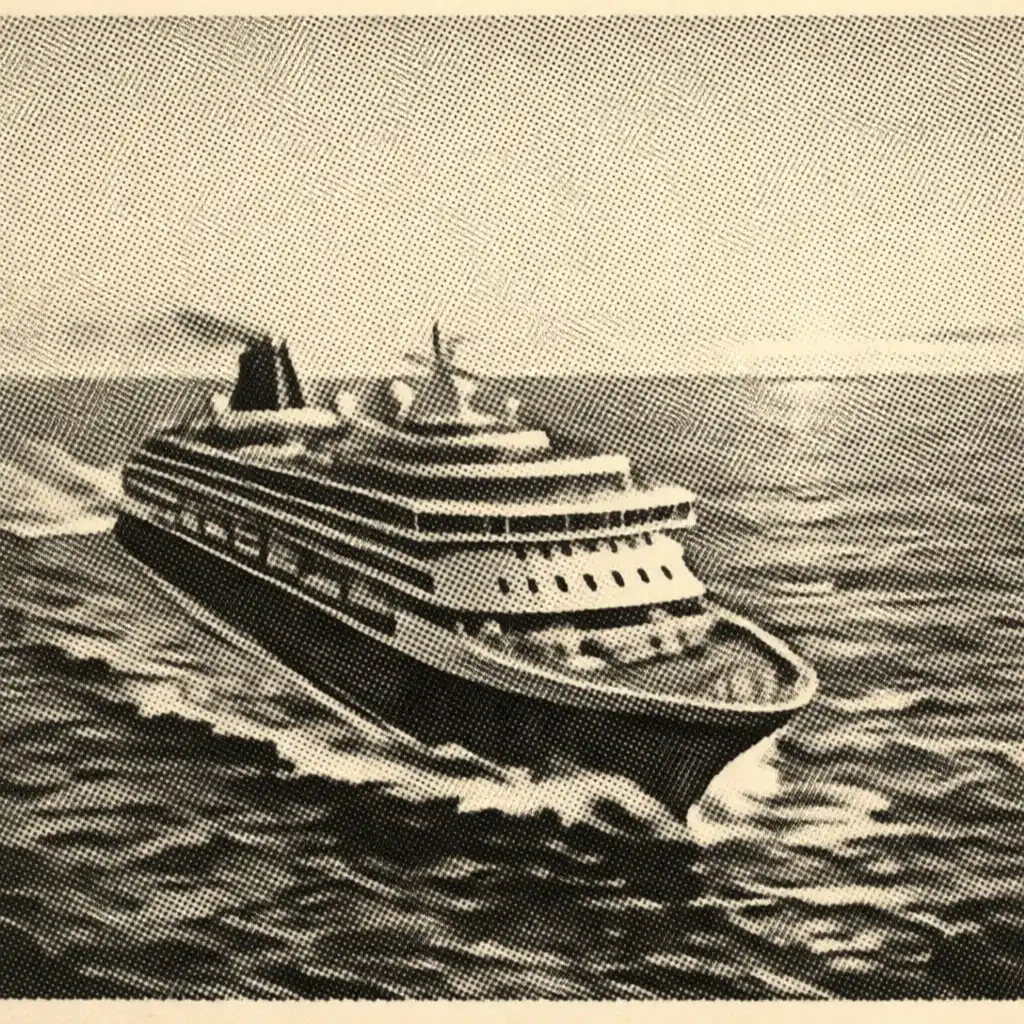 A cruise liner travelling across open water with a broad wake behind it.