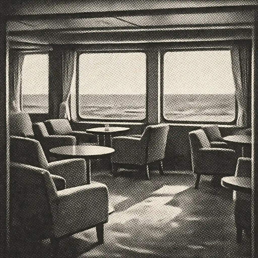 A quiet cruise ship lounge with chairs, tables and daylight through broad windows.