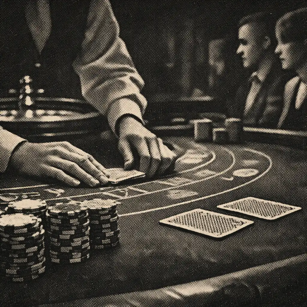 Dealer preparing an onboard casino table with face-down cards, chips and a roulette wheel in the background.