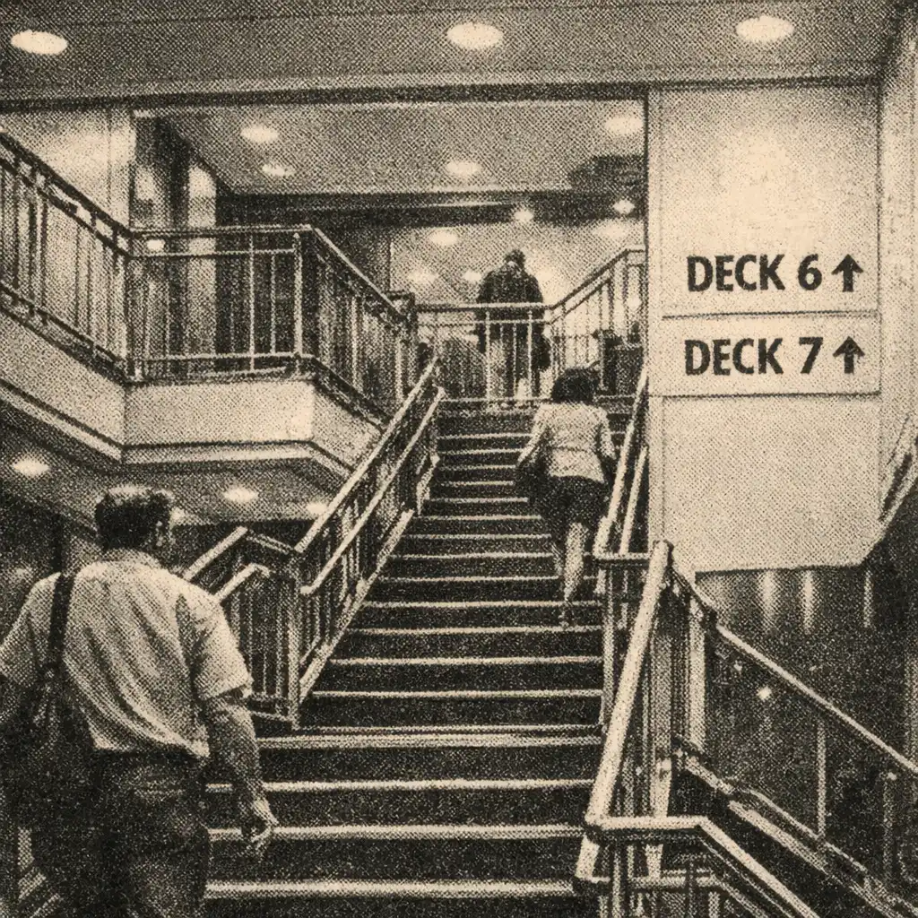 Cruise ship stair hall with handrails, layered landings and visible directional signage.