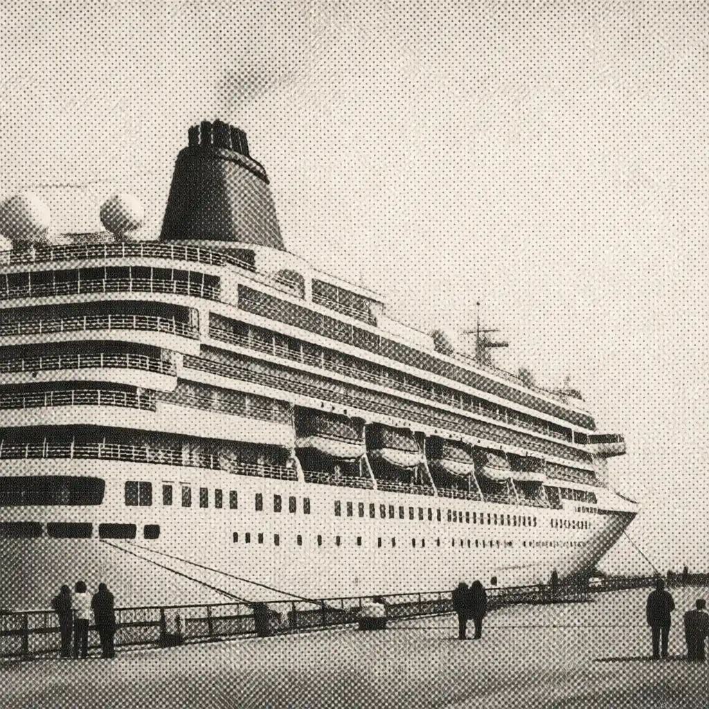 Cruise liner upper decks, railings and funnel viewed from the quay.
