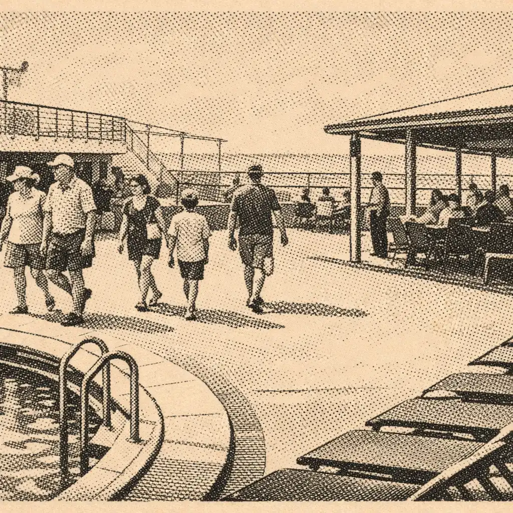 Calm cruise ship pool deck with loungers, shaded seating and guests moving through shared space.