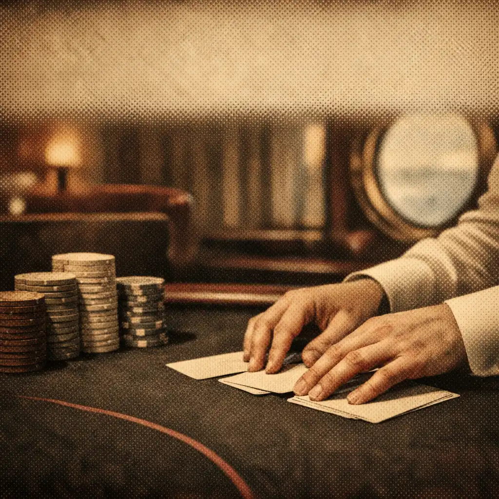 Dealer hands arranging plain cards beside neutral chip stacks on a cruise-ship poker table.