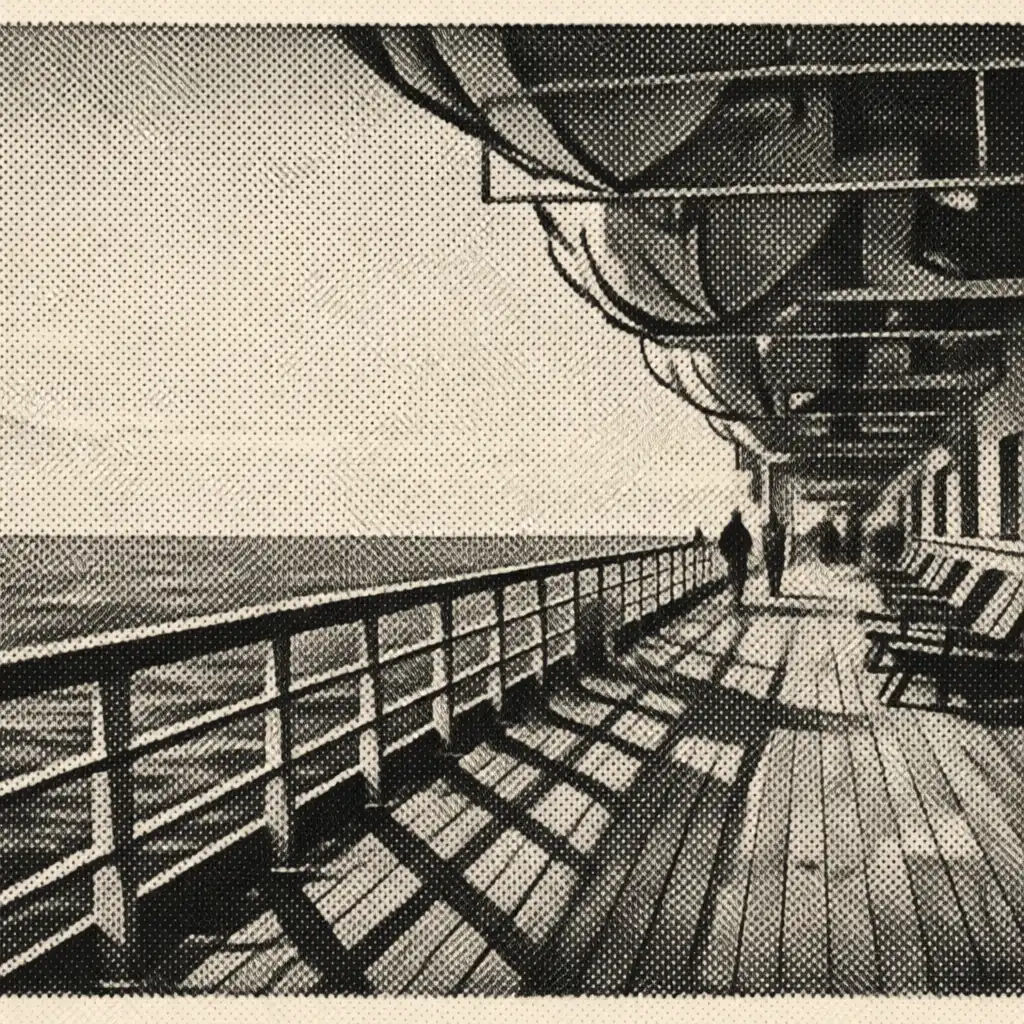 An open cruise-ship promenade deck at sea, with a clear walking route, deck chairs, overhead structure and horizon.
