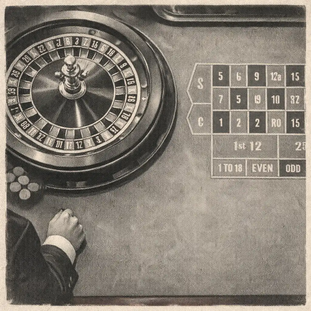 Overhead view of a roulette wheel and surrounding felt layout in a cruise-ship casino setting.