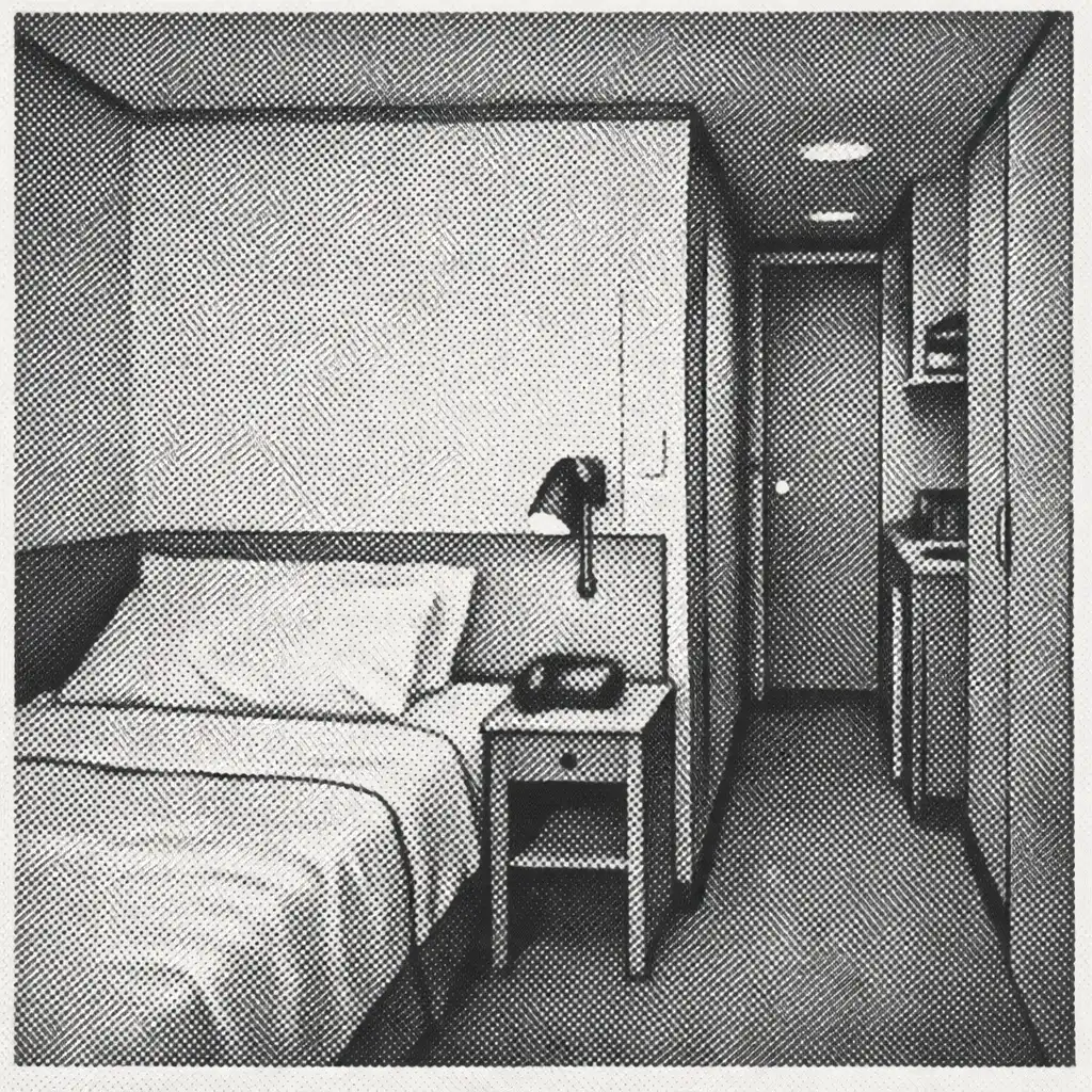 A cruise cabin interior showing a made bed, storage, reading light and a clear passage through the room.