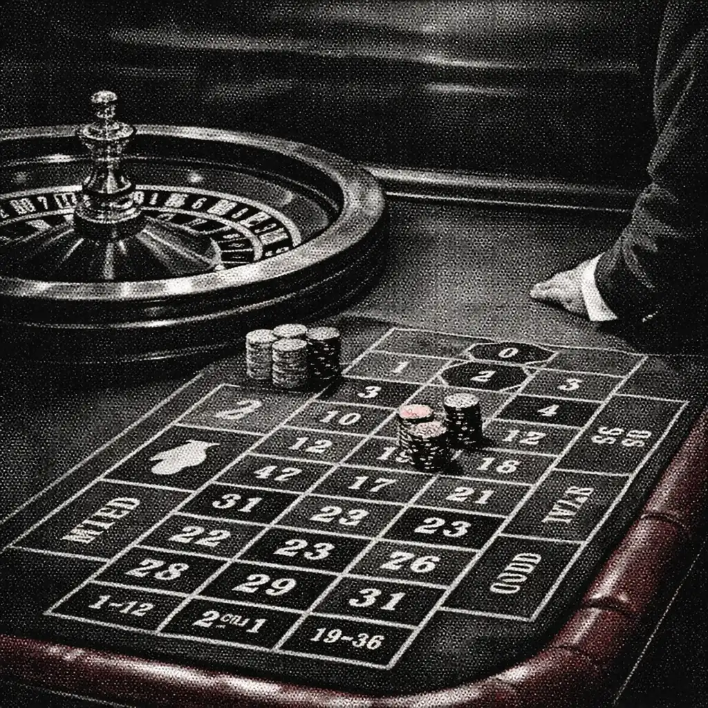 A roulette wheel, numbered felt layout and a small number of chips on an onboard casino table.