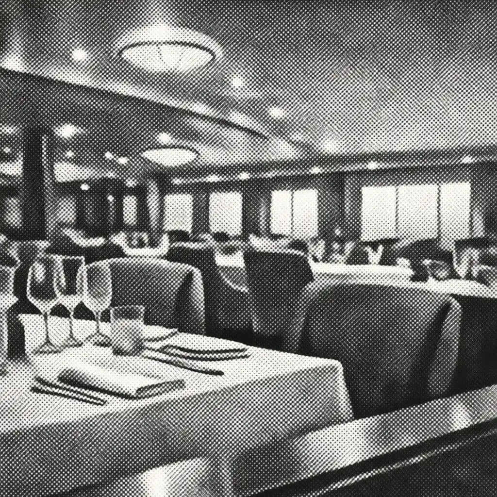An onboard dining setting before service, with set tables, chair backs and a central aisle.