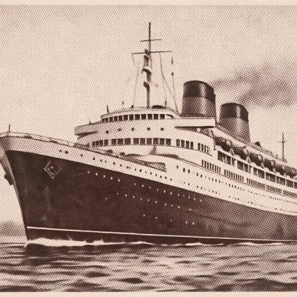 A classic cruise liner viewed from the water, with its bow, bridge and stacked decks visible.