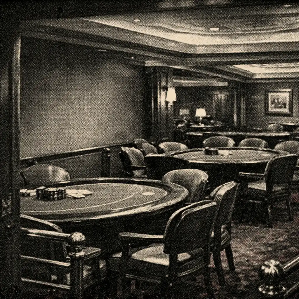 A calm cruise-ship card room with felt tables, empty chairs and softly lit maritime interior details.